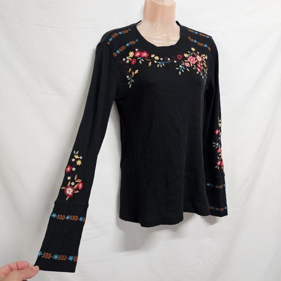 Sundance Frosty Fields Embroidered Thermal Top Shirt Women Size S Black Cotton - Picture 4 of 15